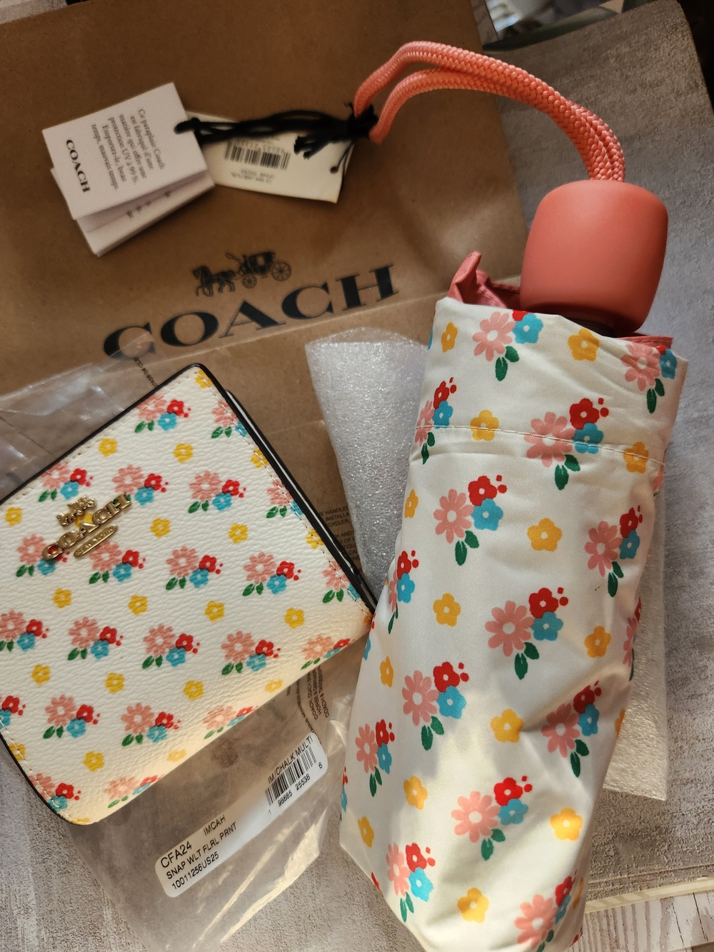 Coach Floral Wallet & Umbrella Set - Cream with Coral Handle NWT